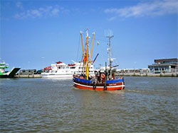 Kutter und Fähre im Hafen Neuharlingersiel